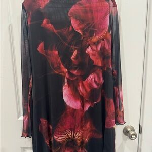 Boohoo Sheer Black Mesh Dress with Red Floral Print